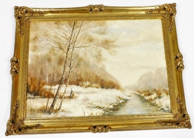 Arthur A Pank (20thC British School). Winter landscape, depicting frozen river, trees and pheasants, oil on board, signed, 50cm x 69cm. - 2