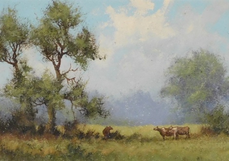 James Wright (b.1935). Cattle grazing in field, oil on board, signed, 11.5cm x 16.5cm.