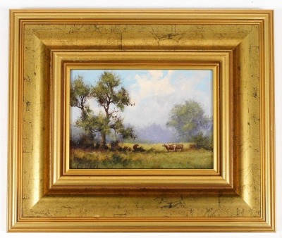 James Wright (b.1935). Cattle grazing in field, oil on board, signed, 11.5cm x 16.5cm. - 2