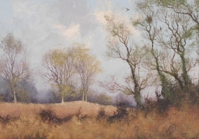 James Wright (b.1935). Woodland landscape, oil on board, signed, 12cm x 17cm.