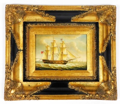 20thC School. Three masted English ship on rocky waters, oil on board, 12cm x 16.5cm, in an ornate frame. - 2