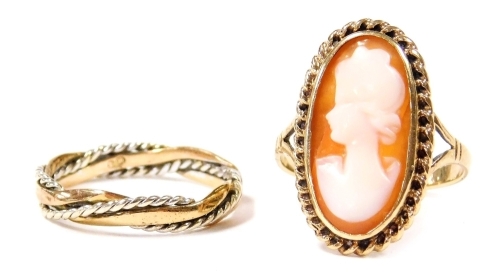 An oval cameo ring, bust portrait of a lady, in a yellow metal setting, size L, 2.9g, together with a 9ct gold two colour twist wedding band, size M, 1.8g.