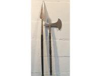 A 20thC Indian battle axe with turned wooden staff handle