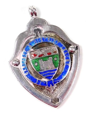 A George V silver and enamel football medallion, for The Carlisle District League, reverse engraved Dalston Black Reds 1913-1914, H. C. Chandler, 17.0g.