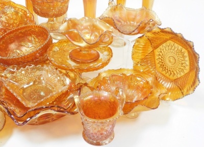 A large group of carnival amber glassware, including vases, bowls, sweetmeat dishes, and sundries. (a quantity) - 2