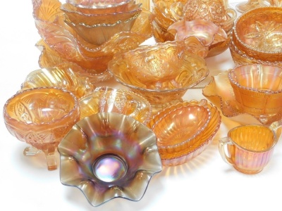 A large group of carnival amber glassware, including vases, bowls, sweetmeat dishes, and sundries. (a quantity) - 3