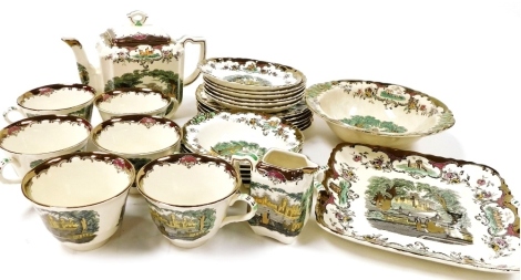 A Masons ironstone Leeds pattern part tea service, comprising a teapot, milk jug, six cups and saucers, six side plates, five bowls, a larger bowl, and a square dish.