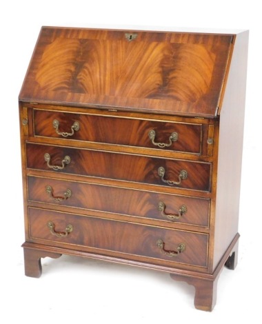 A 20thC mahogany and flame mahogany bureau, the fall enclosing a fitted interior, above four long drawers, on bracket feet, 95cm high, 76cm wide, 41cm deep.