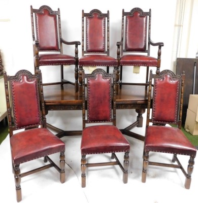 A Jay Cee furniture Jacobean style oak draw leaf dining table, the top with a rounded edge above four carved cup and cover legs, united by a H framed stretcher, 76cm high, the top 179cm x 93cm, together with a set of six oak Jacobean style carved dining c - 2