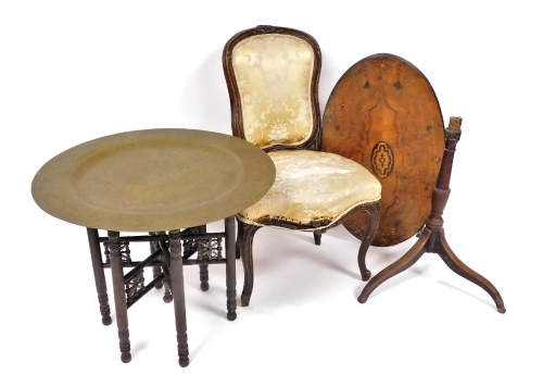 A group of furniture, comprising a brass tray top table, an oak framed salon chair and a marquetry inlaid tilt top table (all AF).