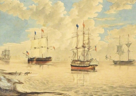 Late 18thC English School. English warships at anchor in a bay, watercolour, 21.5cm x 29.5cm.