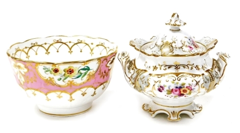 An early 19thC Ridgway porcelain sucrier and cover, of twin handled and fluted form, painted with reserves of flowers, against a white and grey ground, gilt heightened, pattern number 2/8754, together with a slop bowl, reserve painted with roses and other