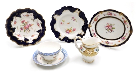 A group of early 19thC Ridgway porcelain, comprising a cream jug, decorated with a reserve of flowers against a mocha ground, gilt heightened, pattern number 5/4140, small oval meat platter or stand, decorated with floral sprays, within cobalt blue and gi