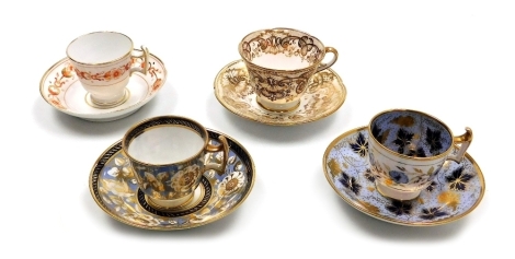 Four 19thC Ridgway porcelain coffee cups and saucers, variously decorated with flowers or vines, pattern number 2/923, 476, 5/782, 2/245.