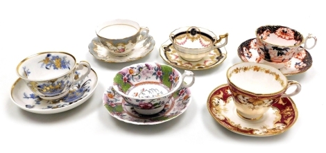 A group of six early 19thC Ridgway porcelain teacups and saucers, various decorated, including pattern numbers 5/3786, 2/837, 5/1789.