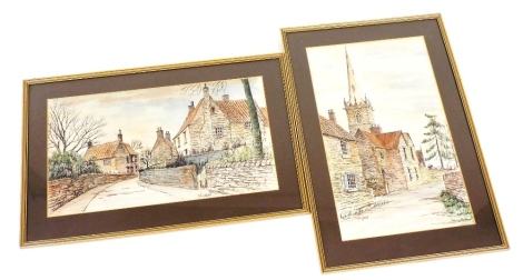 Garfield (British). Two village studies, ink and watercolour, signed, 49cm x 29cm, and 29cm x 49cm respectively.