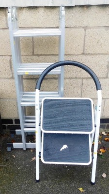 A folding stainless steel step ladder, and a two step ladder.