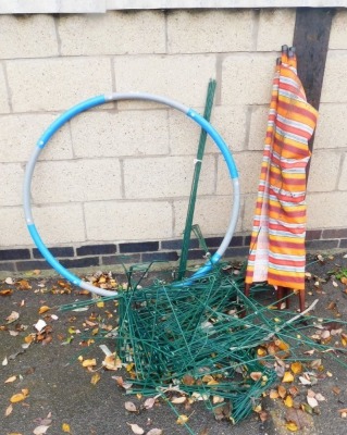 A hula hoop, various green metal peg fencing, etc. (a quantity)