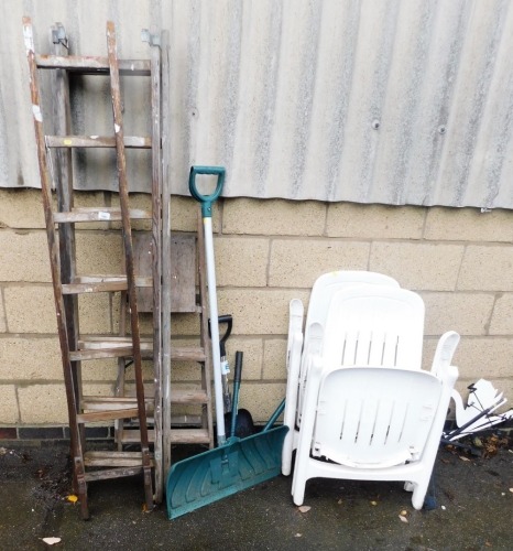 Three wooden step ladders, A framed wooden step ladder, two moulded plastic chairs, weather vanes, etc. (a quantity)