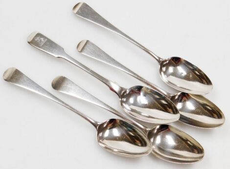 A set of four George III silver Old English pattern teaspoons, London 1799, and another, 2.61oz.