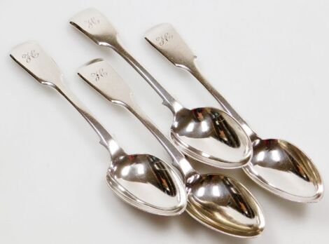 An associated set of four 19thC Fiddle pattern dessert spoons, each initial engraved, London 1836 and 1851, 7.41oz.