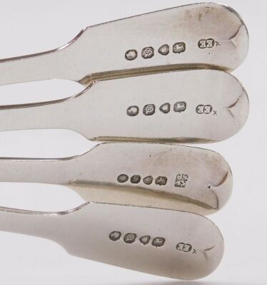 An associated set of four 19thC Fiddle pattern dessert spoons, each initial engraved, London 1836 and 1851, 7.41oz. - 2