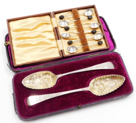 A pair of George III silver berry spoons, Christopher & Thomas Wilkes Barker, London 1801, 3.73oz, 22cm long, in a Mappin and Webb fitted case, and a set of six silver coffee spoons with bean terminals, boxed.
