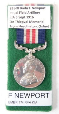 A Great War Western Front M.M., awarded to Bombardier F. Newport, Royal Field Artillery, died 03 September 1916. Military Medal, G.V.R. (83648 Bombardier Frederick Newport), 25th Trench Mortar Battery RFA. Notes: M.M. London Gazette 1st September 1916. B - 4