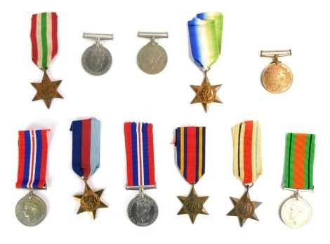 A group of WWII medals, comprising 1939-1945 Star, The Atlantic Star, The Africa Star, The Burma Star, The Italy Star, Defence Medal, four War Medals 1939-1945, together with Special Constabulary Long Service Medal Joseph Moore. (11) NB. Lots 1 to 50 in t