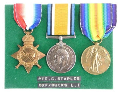 A Great War 1915 medal trio, awarded to 14928 Pte Charles Staples 7th Oxfordshire and Buckingham Light Infantry. Served France from 21 September 1915 and thence to Salonica. From Upper Caterham, Surrey. NB. Lots 1 to 50 in this auction are being sold with