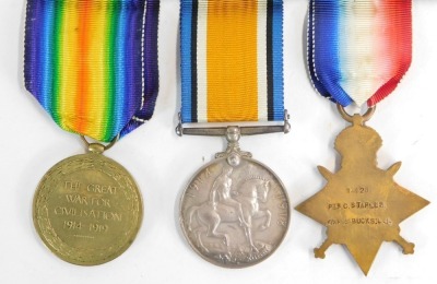 A Great War 1915 medal trio, awarded to 14928 Pte Charles Staples 7th Oxfordshire and Buckingham Light Infantry. Served France from 21 September 1915 and thence to Salonica. From Upper Caterham, Surrey. NB. Lots 1 to 50 in this auction are being sold with - 2