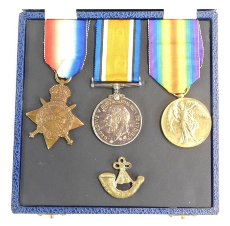 A Great War 1915 medal trio, awarded to 8545 Private Charles Dale, 3rd Battalion Oxford and Bucks Light Infantry, died 24 May 1917. Notes: Buried in Beaconsfield Cemetery, Buckinghamshire. MIC Shows 7th Battalion. Served France from 24 October 1915. Some