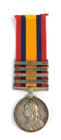 A Queens South Africa 1899-1902 medal, four clasps, comprising Cape Colony, Orange Free State, Transvaal, South Africa 1902. Named to 5190 Private J Hunt, 1st Battalion Connaught Rangers, with copy of Medal Roll. NB. Lots 1 to 50 in this auction are being