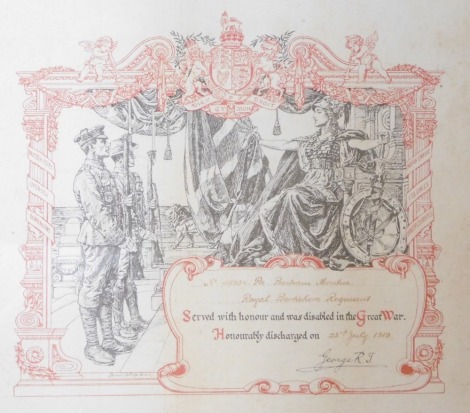 A Great War Discharge Certificate, to 45935 Pte Bertam Martin, Royal Berkshire Regiment, framed. Enlisted 22nd March 1918 and discharged wounded, age 19, 23rd July 1919. NB. Lots 1 to 50 in this auction are being sold with proceeds of sale being donated t