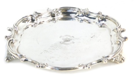 A silver plated salver to St Helena Regiment, with regimental details, 22.5cm diameter. NB. Lots 1 to 50 in this auction are being sold with proceeds of sale being donated to Woody' Lodge Registered Charity (1173752) fund raising to continue their support