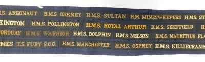 A group of Ships Tallies, on a background material, circa 70, to include HMS Invincible, HMS Victory, HMS Norfolk, HMS Sheffield, HMS Nelson, HM Submarines, HMS London, HMS Collingwood, HMS Ulster. NB. Lots 1 to 50 in this auction are being sold with proc - 3