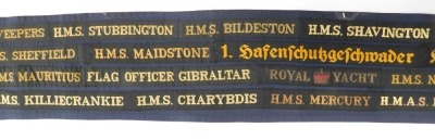 A group of Ships Tallies, on a background material, circa 70, to include HMS Invincible, HMS Victory, HMS Norfolk, HMS Sheffield, HMS Nelson, HM Submarines, HMS London, HMS Collingwood, HMS Ulster. NB. Lots 1 to 50 in this auction are being sold with proc - 4