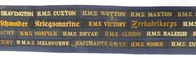 A group of Ships Tallies, on a background material, circa 70, to include HMS Invincible, HMS Victory, HMS Norfolk, HMS Sheffield, HMS Nelson, HM Submarines, HMS London, HMS Collingwood, HMS Ulster. NB. Lots 1 to 50 in this auction are being sold with proc - 5