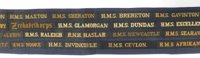 A group of Ships Tallies, on a background material, circa 70, to include HMS Invincible, HMS Victory, HMS Norfolk, HMS Sheffield, HMS Nelson, HM Submarines, HMS London, HMS Collingwood, HMS Ulster. NB. Lots 1 to 50 in this auction are being sold with proc - 6