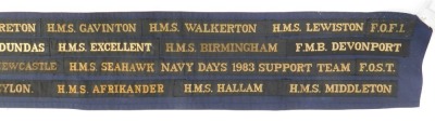 A group of Ships Tallies, on a background material, circa 70, to include HMS Invincible, HMS Victory, HMS Norfolk, HMS Sheffield, HMS Nelson, HM Submarines, HMS London, HMS Collingwood, HMS Ulster. NB. Lots 1 to 50 in this auction are being sold with proc - 7