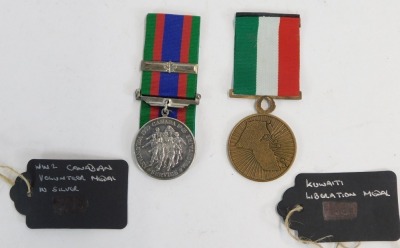 A Kuwaiti Liberation medal, together with a WWII Canadian Volunteer Overseas medal. (2) NB. Lots 1 to 50 in this auction are being sold with proceeds of sale being donated to Woody' Lodge Registered Charity (1173752) fund raising to continue their support - 4