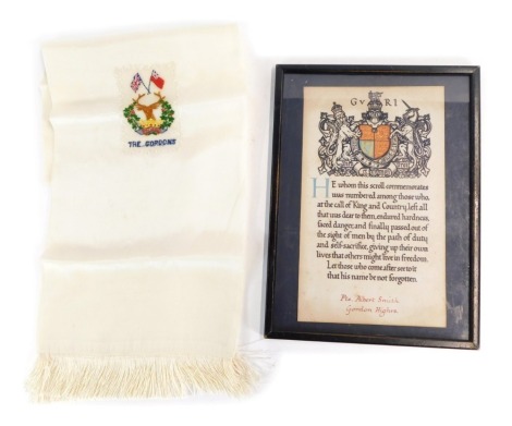 A framed scroll, for Pte Albert Smith, Gordon Highlands plus Gordon Highlanders Scarf, approx 1100mm long. 266059 Pte. Albert Michie Smith 1st/6th Gordon Highlanders. Died 9th April 1917, aged 26, from Huntly Aberdeenshire, and S/8021 Pte Albert Duncan Sm