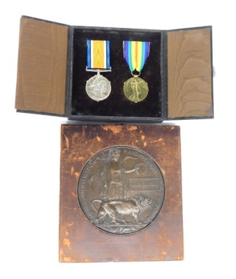 British War and Victory Medals, cased, plus a Memorial Plaque, framed, to S/40141 Pte. James Campbell 8th Bn Argyll and Sutherland Highlanders, who died on 20th November 1917, aged 26. Buried in Trescault Cemetery, France. From Dumbarton. He enlisted 4th