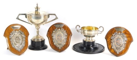 Two silver cups, comprising larger cup with cover, hallmarked for 1930, 380g with inscription 'The Minworth Challenge Cup presented to 6th Bn The Royal Warwickshire Regt. by Harry Wood Esq of The New Inn, Minworth 1930'. smaller cup, hallmarked for Birmin