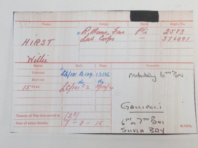 A 1915 Star Trio awarded to 2583 Pte Willie Hirst, Royal Munster Fusiliers. Landed Gallipoli 7th August 1915. Note: Later transferred to Labour Corps as 376491 Pte Willie Hirst. Hirst is a popular Yorkshire surname. Possibly recruited by Maj. Drage. NB. - 4