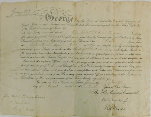 A George V Commission Document, to John Herbert Stellman Harrison, Royal Dublin Fusiliers on 16th July 1919. Transferred as Lt into the Yorkshire Regiment 29th July 1922, attached Kings African Rifles 1st September 2022. In the Irish Census of 1901 it sh