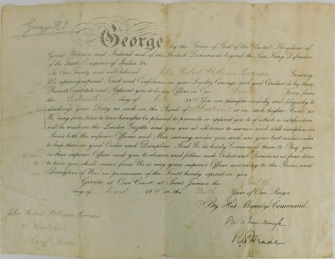 A George V Commission Document, to John Herbert Stellman Harrison, Royal Dublin Fusiliers on 16th July 1919. Transferred as Lt into the Yorkshire Regiment 29th July 1922, attached Kings African Rifles 1st September 2022. In the Irish Census of 1901 it sh