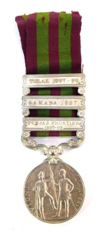 An Indian Medal 1895 - 1902, with three clasps to 3206 Pte. William Batchelor, 1st Bn Northamptonshire Regiment. Clasps; Punjab Frontier 1897-98, Samana 1897, Tirah 1897-98. (AF, edge knocks) Note: Also served in the South Africa Boer War with the 2nd Bn 