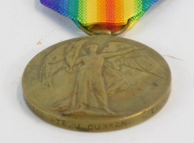 A Victory Medal awarded to 5/22108 Pte. John Curran, Royal Irish Rifles, later 18 London Regiment. NB. Lots 1 to 50 in this auction are being sold with proceeds of sale being donated to Woody' Lodge Registered Charity (1173752) fund raising to continue th - 2