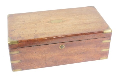 A Victorian mahogany campaign duet writing box, with brass banding and a fitted interior, with release for side drawer, 51cm wide.